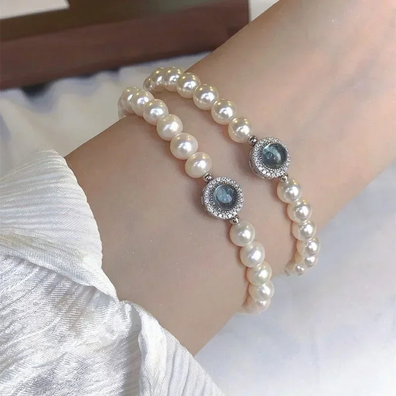 925 Sterling Silber Blau Zirkon Perle Armband Frauen Französisch Vintage Luxus Charme Armbänder Fashion Party Schmuck Urlaub Geschenke