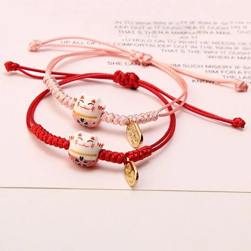 Einfaches geflochtenes Keramik-Glückskatze-Armband für Damen und Herren, mehrfarbig, niedliches Tier, handgestrickt, verstellbares Armband, Harajuku-Schmuck
