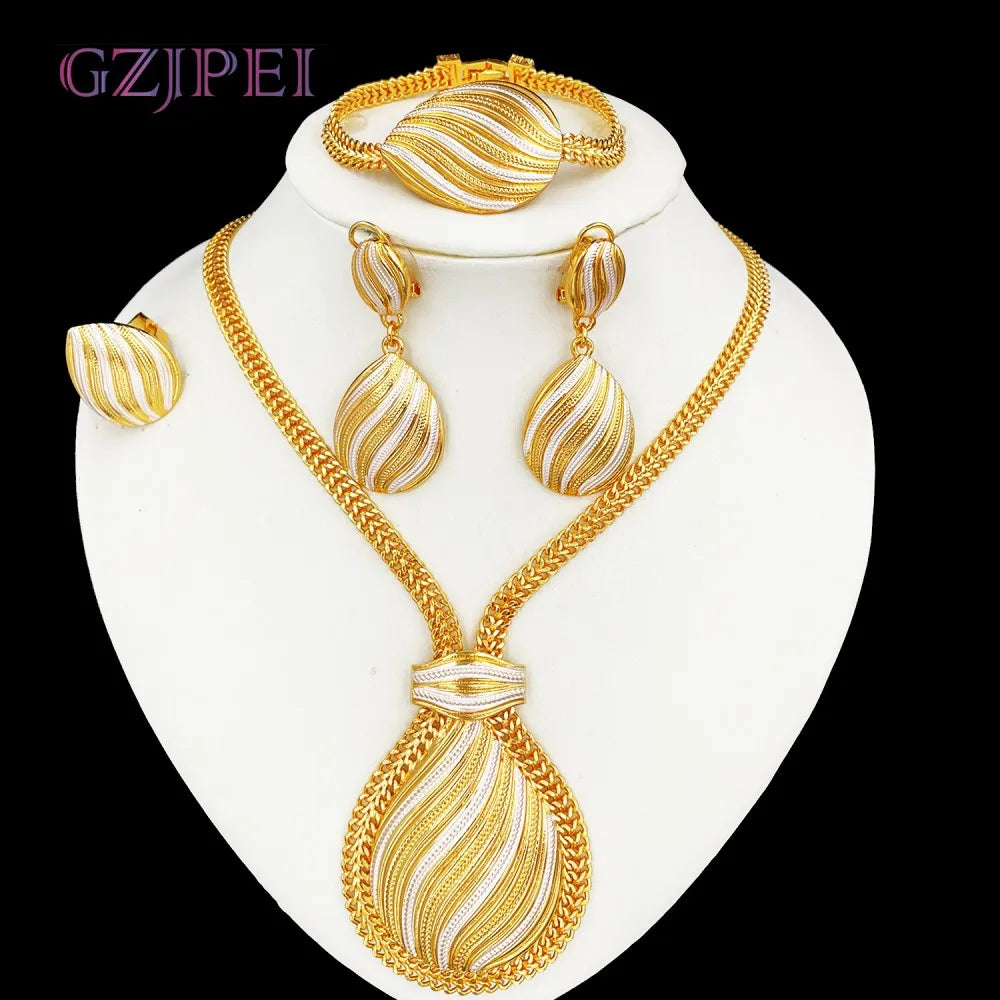 GZJPEI Zweifarbiges Schmuckset, vergoldet, großer Anhänger, Halskette, Armband, Wassertropfen-Ohrring, Ring für Frauen, Hochzeitsgeschenke, 2025, neu
