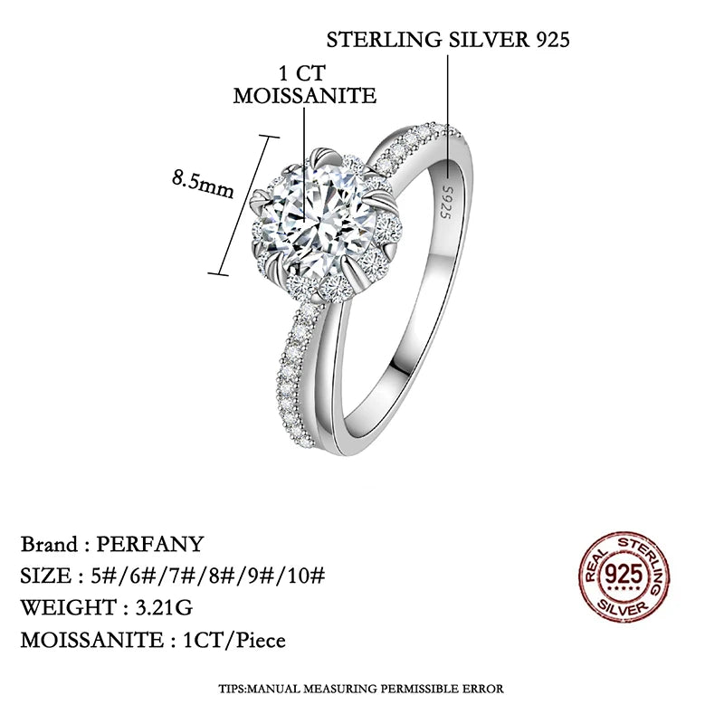 PERFANY 1CT Moissanit Ring für Damen S925 reines Silber vergoldet 18K Weißgold Labordiamant Ewiger Hochzeitsschmuck
