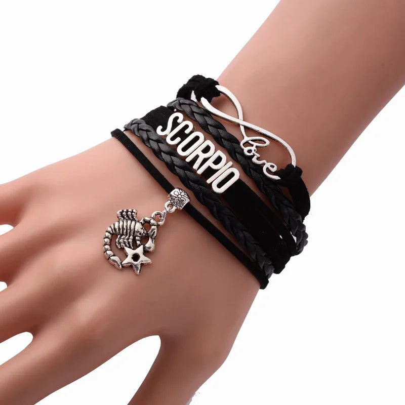 12-Sternbild-Sternzeichen, schwarzes geflochtenes Lederarmband, Krebs, Löwe, Jungfrau, Waage, gewebter Schmuck, Punk-Männer-Anhänger-Armband 2022