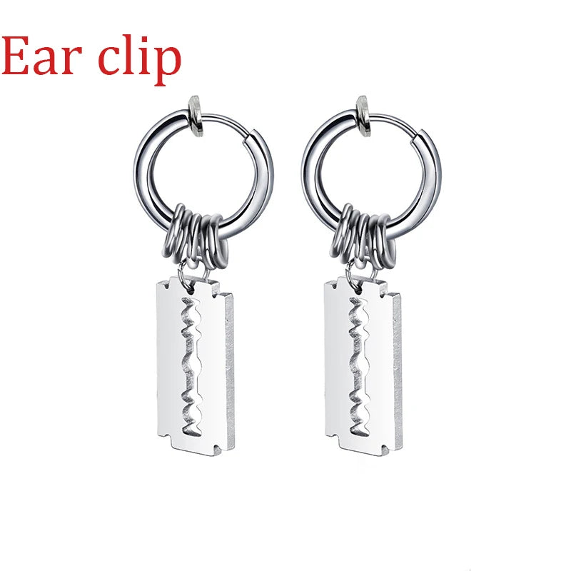 1 paar/2Pcs Klinge Kette Quaste Anhänger Ohr Clip/Schnalle Ohrringe Für Frauen Männer Edelstahl Schmerzlos hip Hop Gothic Pop Schmuck