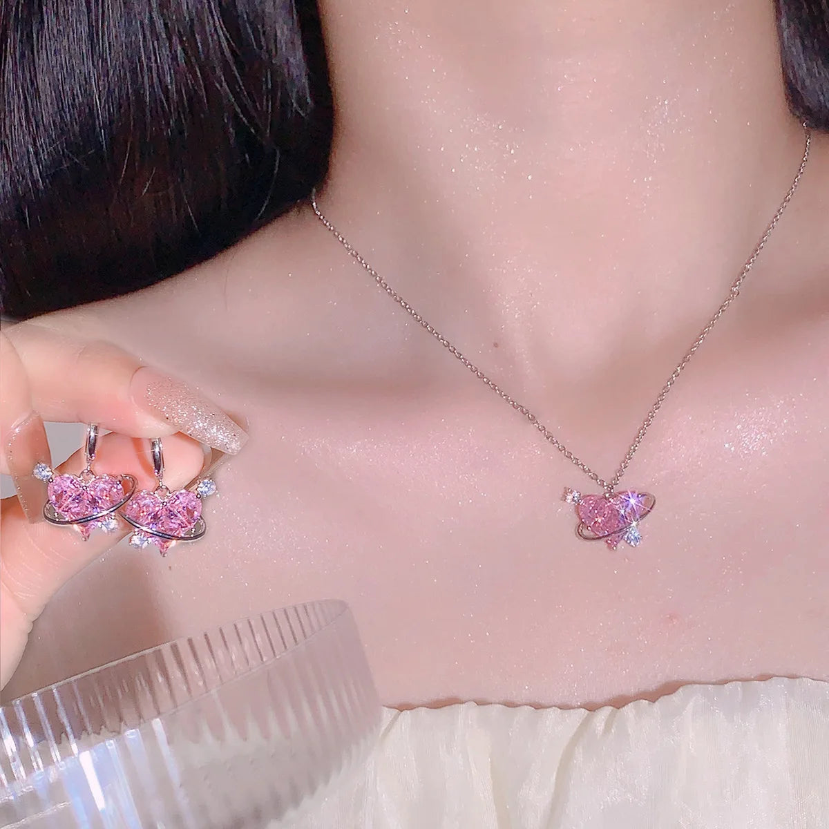 Y2k Kristall rosa Herz Halskette Ohrring Set Mode kpop glänzende Schlüsselbein kette für Frauen Mädchen neue Trend Party Geschenke Schmuck