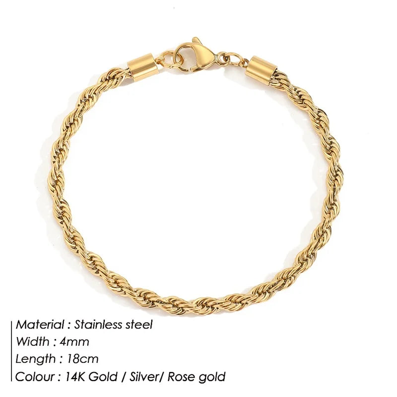 Emanco Edelstahl Twisted Rope Link Chain uneinstellbare Damen Hip Hop Punk 4mm Armbänder