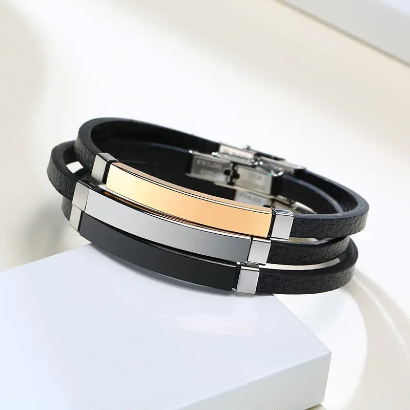 Schlichtes Herren-Armband aus schwarzem Leder, klassische Gold-/Schwarz-/Silberfarbe, geflochtene Armreifen aus Edelstahl für Männer, Geschenk für Freunde