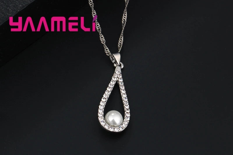 Reine 925 Sterling Silber Shiny CZ Kristall Wasser Tropfen Perle Halsketten Anhänger Kette Ohrringe Frau Feine Hochzeit Schmuck Set Geschenk