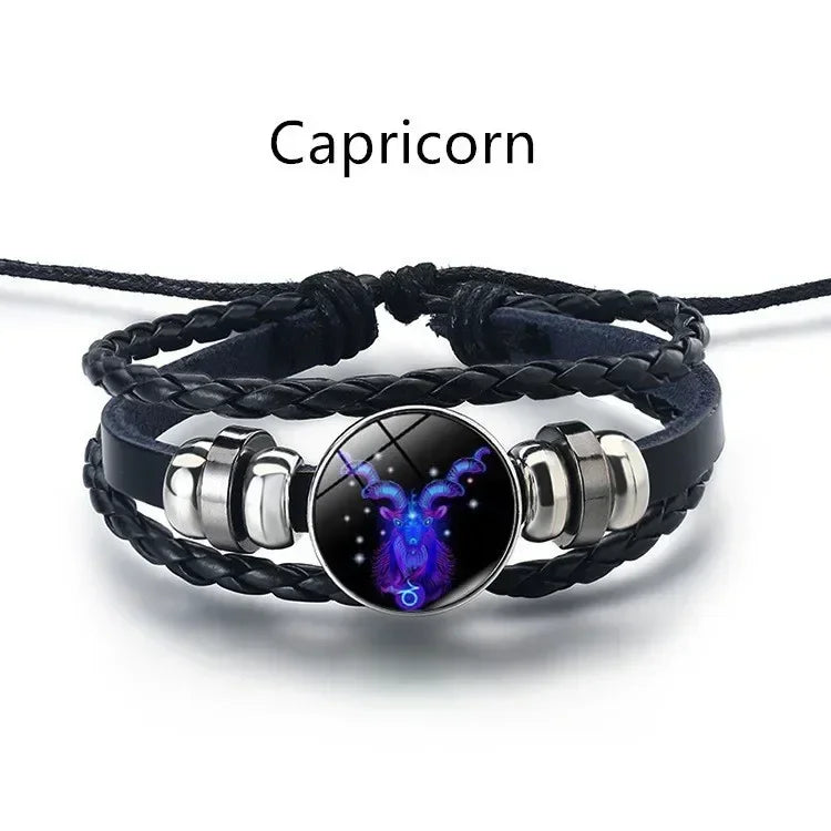 12-Sternbild-Sternzeichen, schwarzes geflochtenes Lederarmband, Krebs, Löwe, Jungfrau, Waage, gewebte Glaskuppel, Schmuck, Punk-Männerarmband