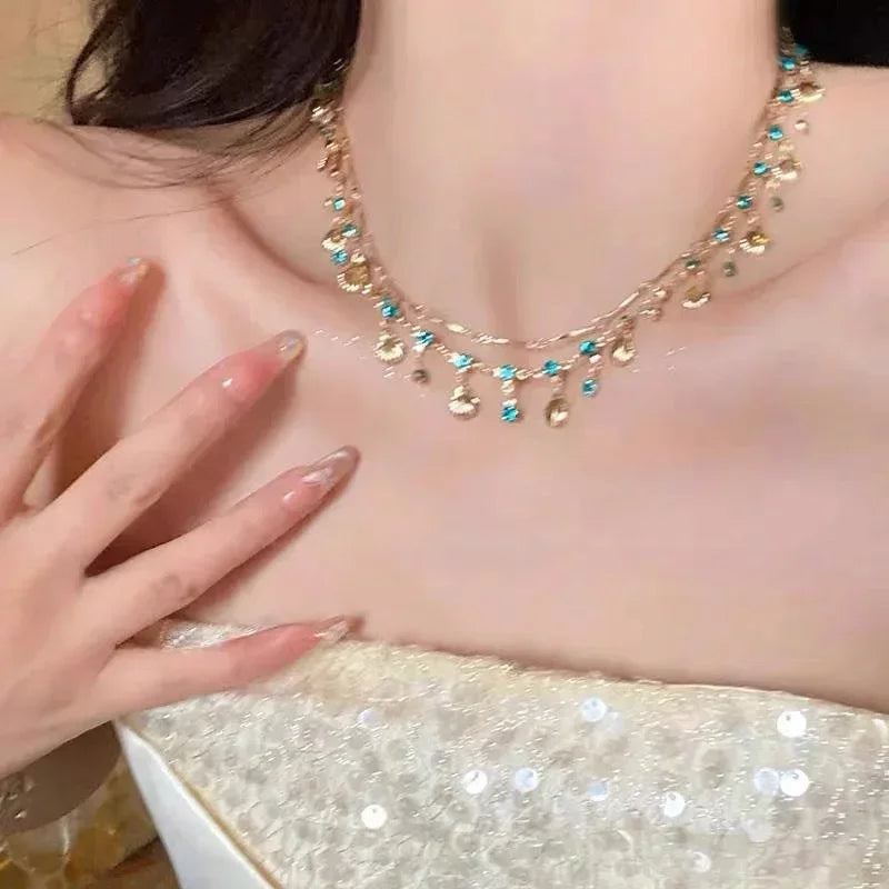 Elegante Gold Farbe Kette Shell Blau Schmuck Set Kristall Quasten Halsband Halskette Armband für Frauen Hochzeit Schmuck Geburtstag Geschenk