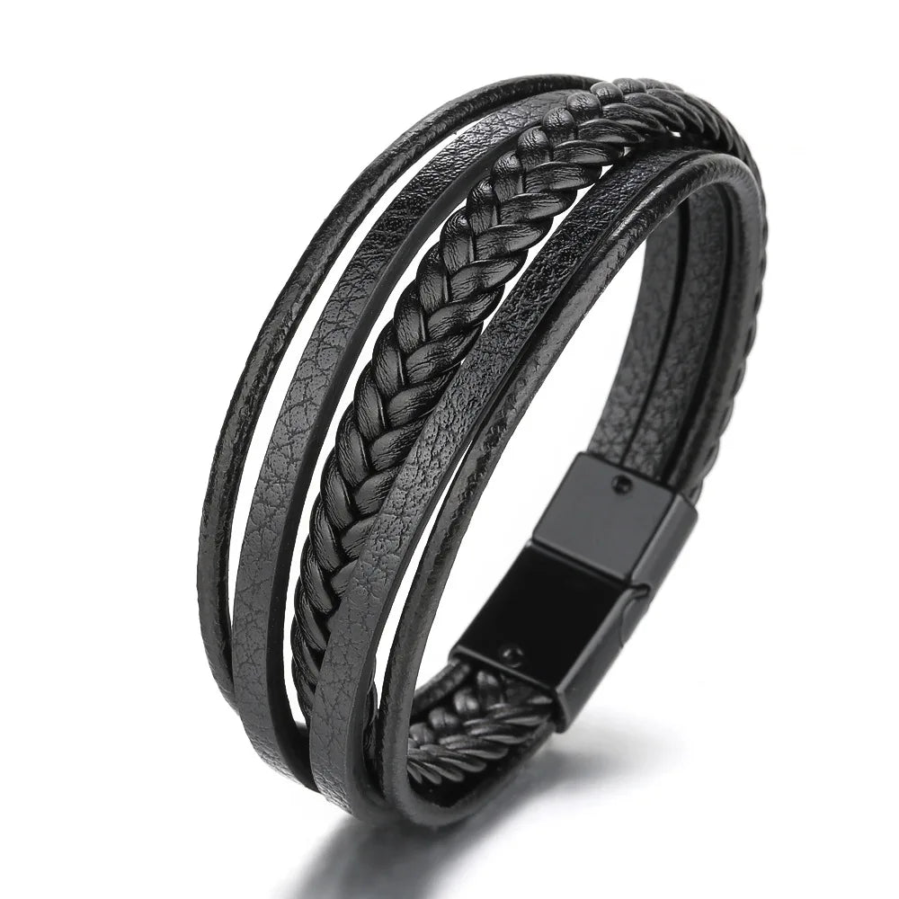 Trendige Lederarmbänder für Männer, Edelstahlarmband, 21 cm, mehrschichtige geflochtene Seilarmbänder für männliche Schmuckgeschenke