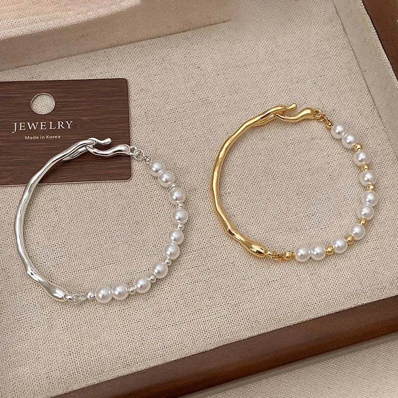 Runde Armreifen aus 925er-Sterlingsilber mit Perlenperlen für Damen, trendiger, minimalistischer, geometrischer, feiner Schmuck, unregelmäßige Accessoires
