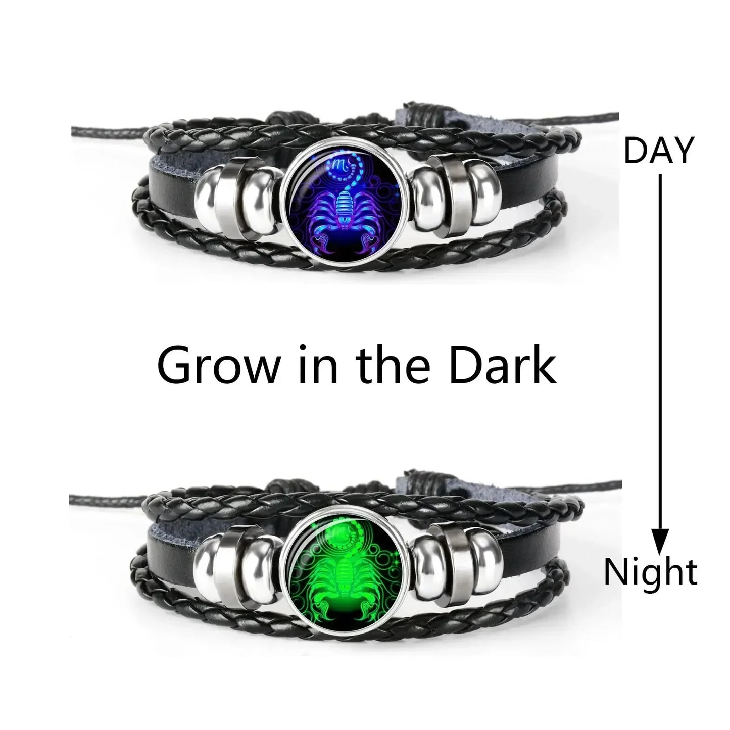 12-Sternbild-Sternzeichen, schwarzes geflochtenes Lederarmband, Krebs, Löwe, Jungfrau, Waage, gewebte Glaskuppel, Schmuck, Punk-Männerarmband
