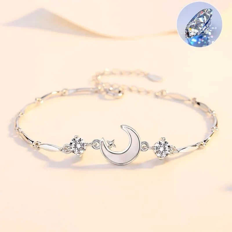 Damen-Armband aus 925er-Sterlingsilber mit Halbmond-Sternen, eingelegt mit Zirkon-Muschel, eingelegtem Mond, Silberschmuck-Armreif für Mädchen