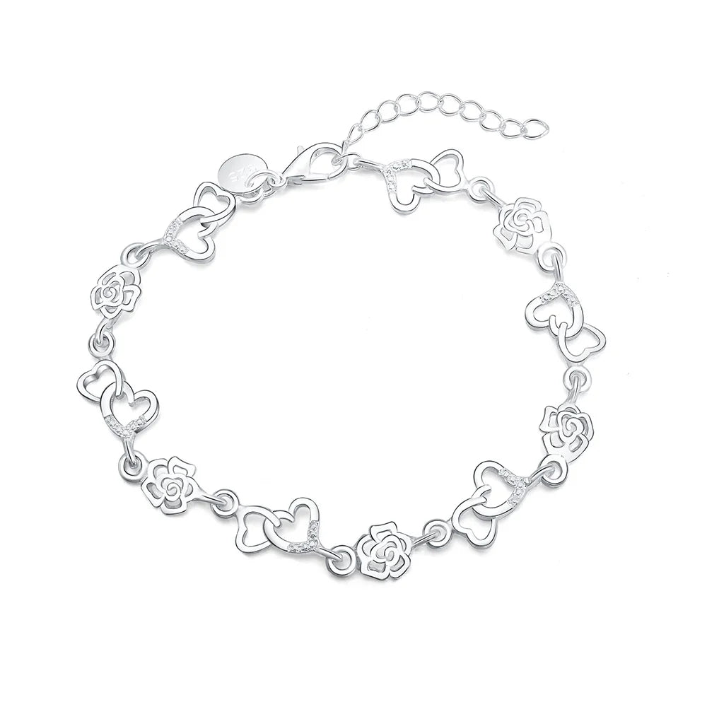 Wunderschönes Armband aus 925er Sterlingsilber für Damen, Armband HERZ, schöne BLUMENkette, Mode, Hochzeit, Party, süße Dame, schöner Schmuck