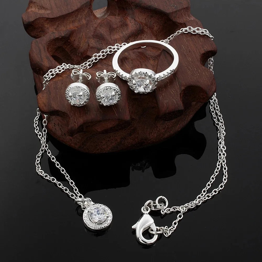 Zirkon Kristall Silber Schmuck Halskette Ring Ohrringe Set dreiteiligen Set Schmuck