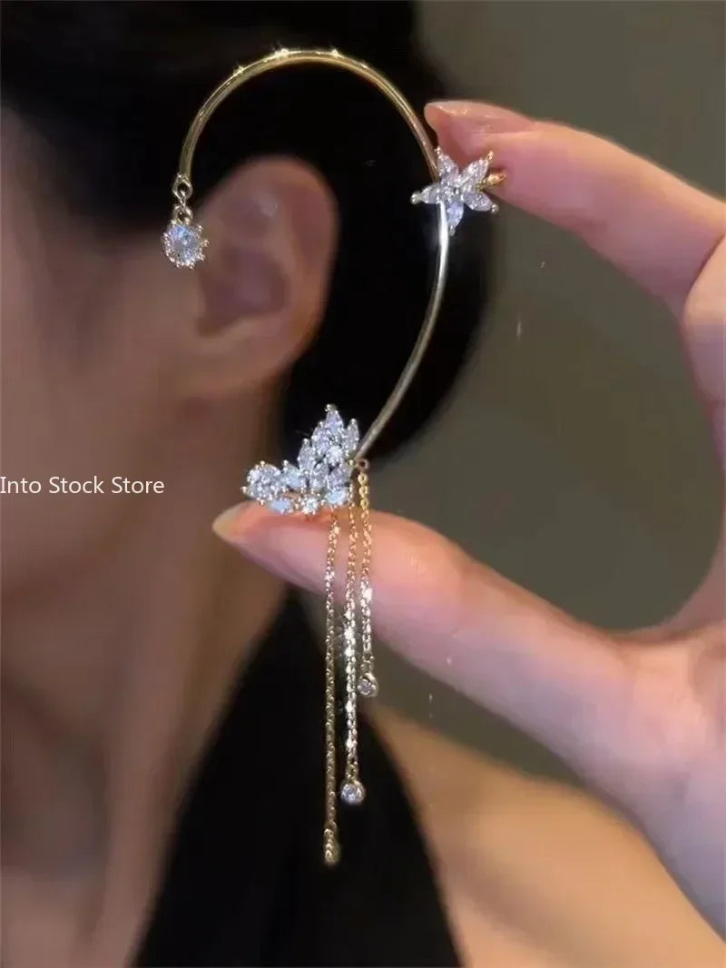 Glänzende Zirkon Schmetterling Ohr Manschette Gold Farbe Quaste Clip auf Ohrringe für Frauen Korea Stil Kupfer Ohrring Ohne Piercing Schmuck