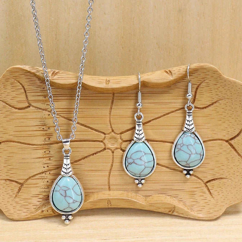Mode Böhmischen Vintage Einfache Blaue Natürliche Stein Schmuck Set Frauen Silber Farbe Kette Lange Anhänger Halskette Waterdrop Ohrringe