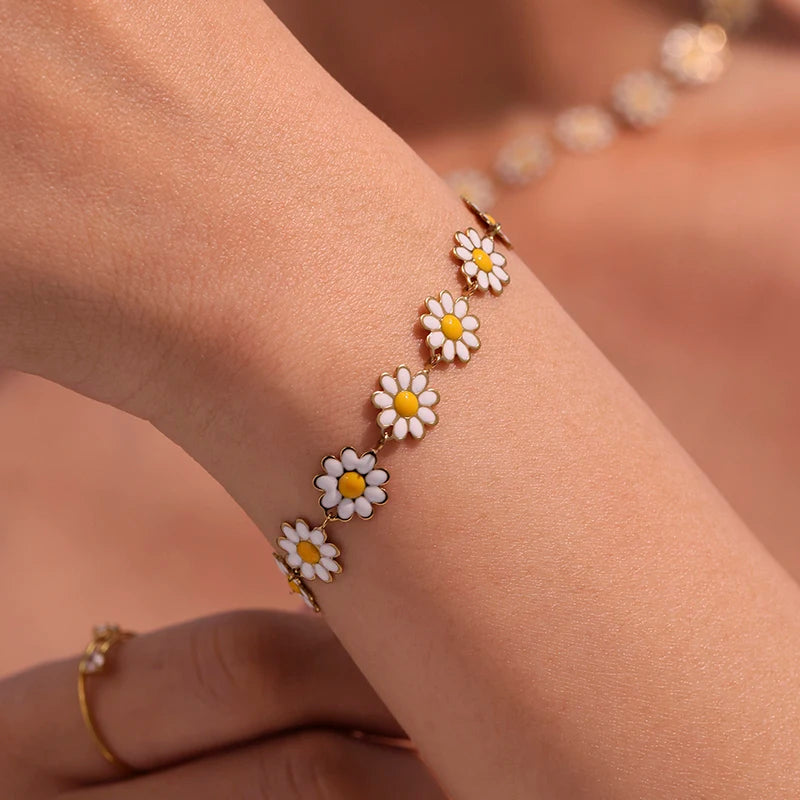 Nivora Emaille Kleine Chrysantheme Blume Kette Halskette Armbänder Fußkettchen Für Frauen Edelstahl Hochzeit Schmuck Sets