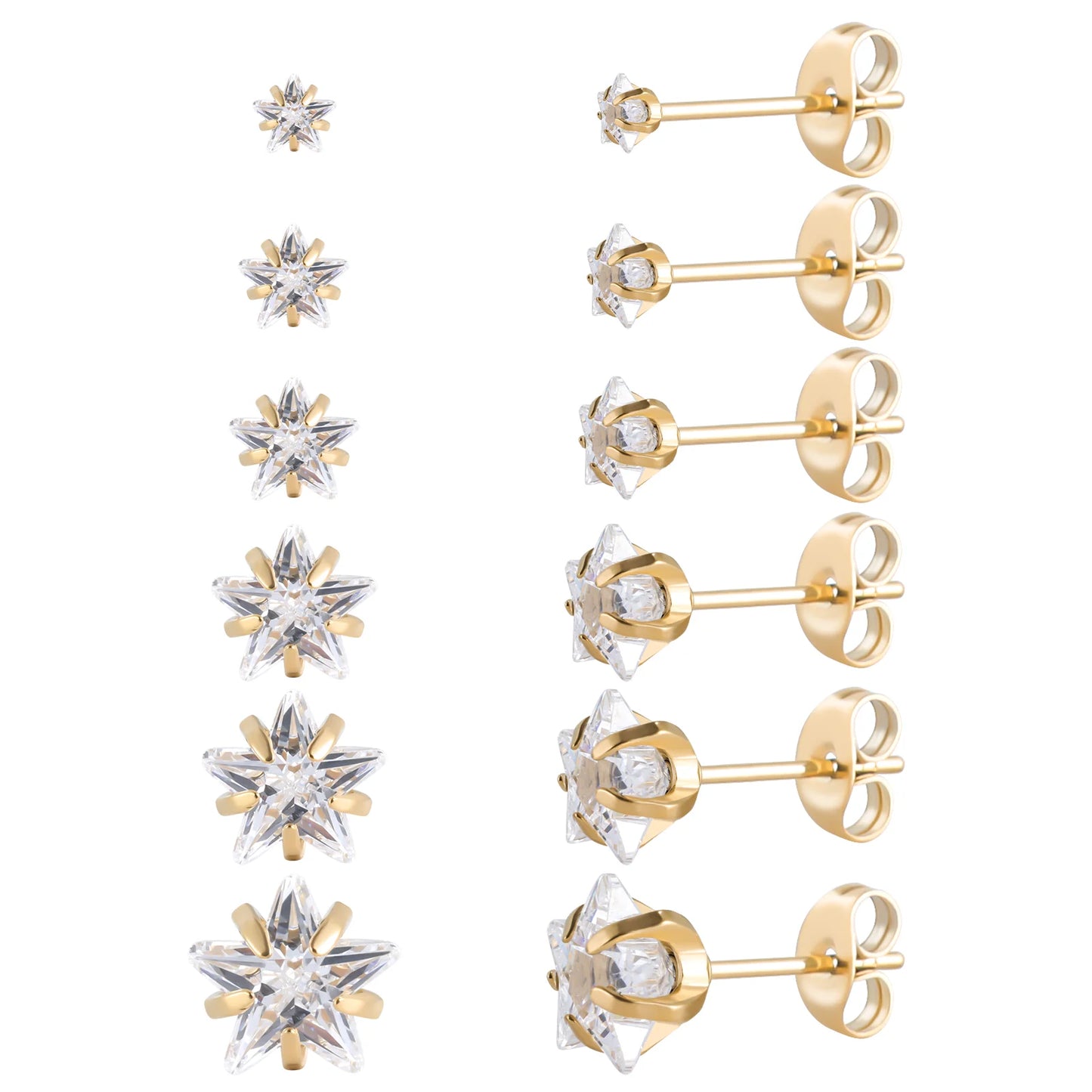6-teiliges Ohrstecker-Set aus Edelstahl mit Schraubverschluss, vergoldet, Herz, Stern, quadratisch, Prinzessinnenschliff, rund, Zirkonia, CZ