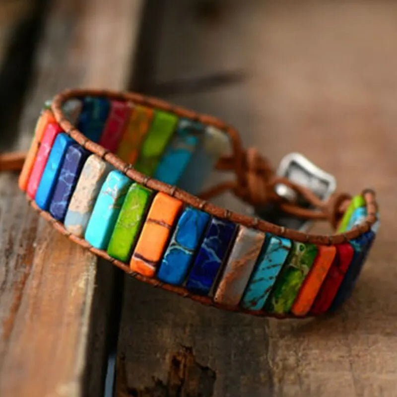 Böhmisches mehrfarbiges Kaiserstein-Armband, 7-Chakra-Heilung, rechteckige Steine, Armband, Lederseil, gewebter Armreif, Handgelenkschmuck