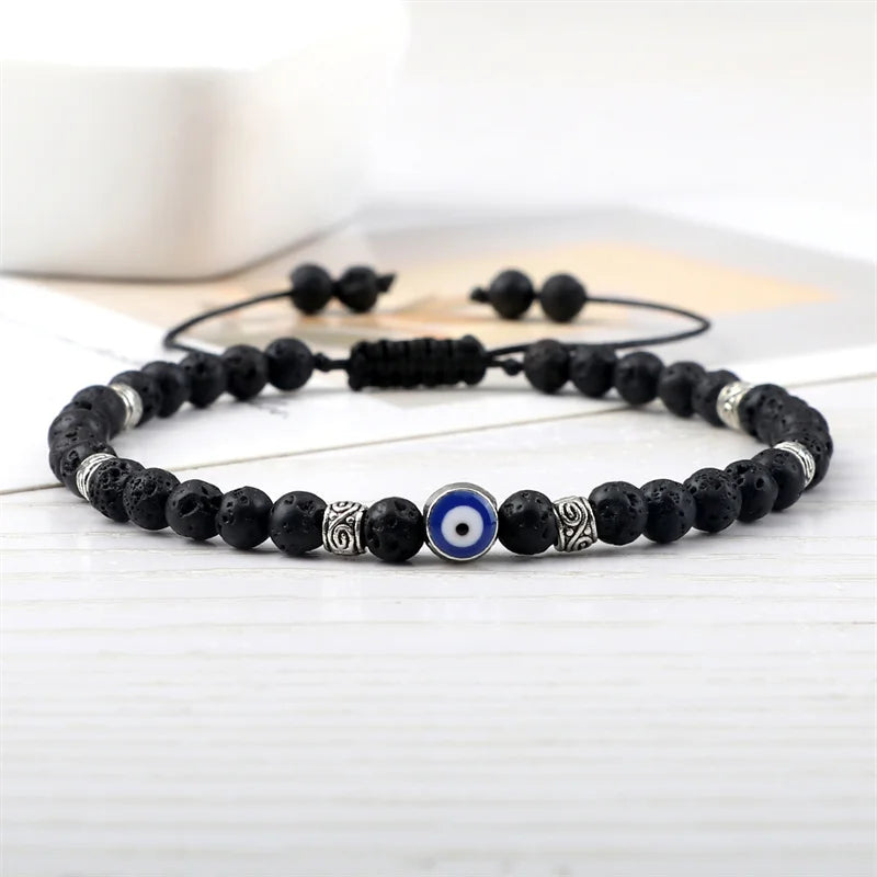 Evil Eye Armband, 4 mm, natürliche schwarze, matte Lavasteinperlen, handgefertigtes geflochtenes Armband für Männer und Frauen, Yoga, Reiki, verstellbarer Schmuck