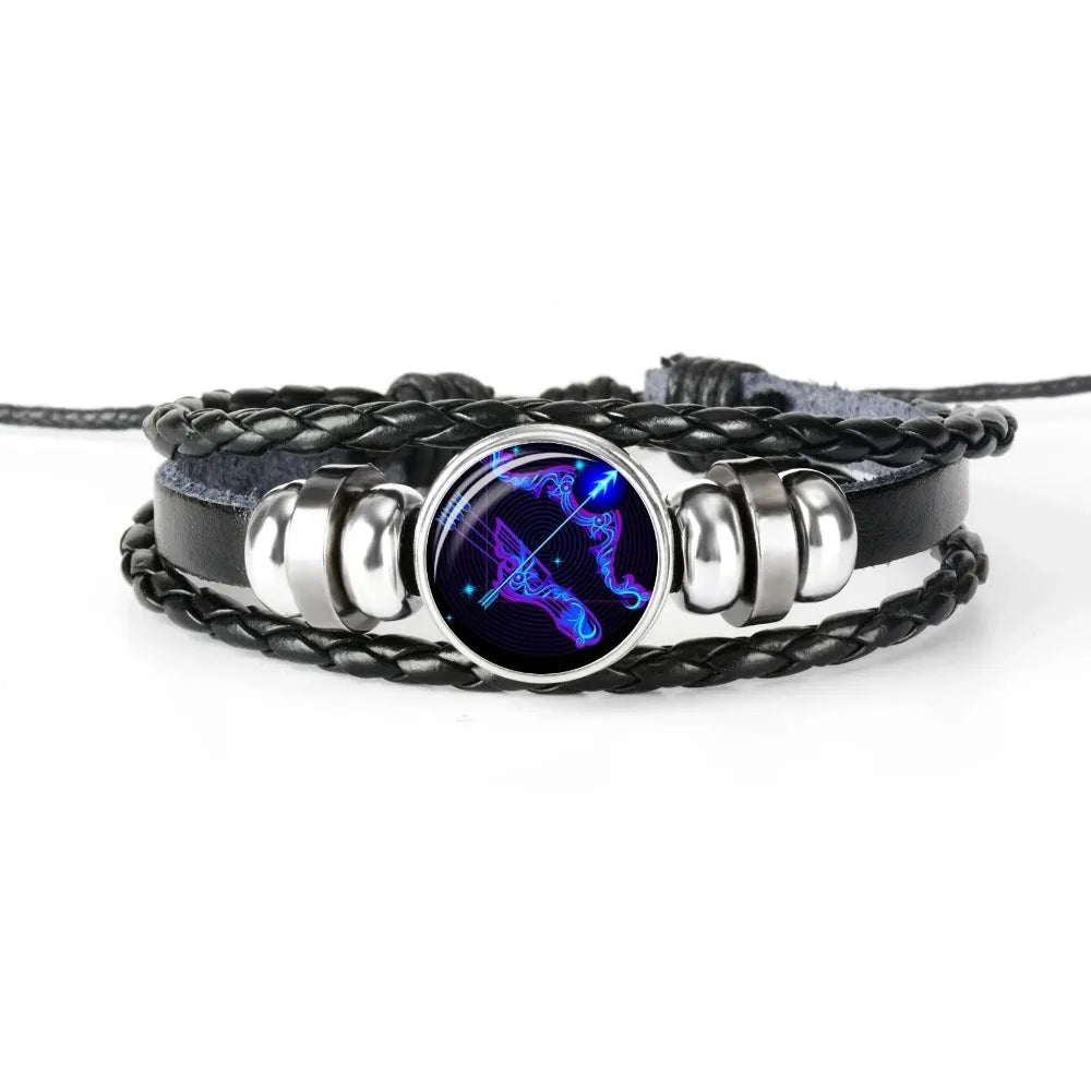 12-Sternbild-Sternzeichen, schwarzes geflochtenes Lederarmband, Krebs, Löwe, Jungfrau, Waage, gewebte Glaskuppel, Schmuck, Punk-Männerarmband
