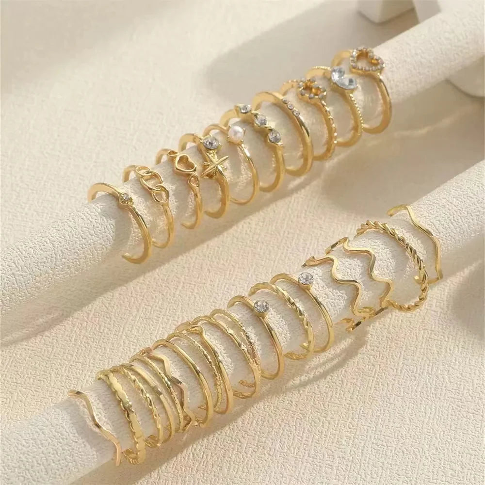 23-teiliges modisches, luxuriöses, glänzendes Zirkon-Wellen-Damenring-Set mit mehreren Elementen, geeignet für den täglichen Gebrauch oder Ringe für Damen