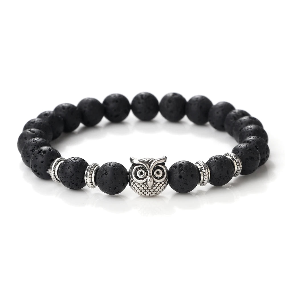 Natürliche Stein Perlen Eule Armbänder Malachit Rock Lava Armreifen Charme Strang Elastische Energie Yoga Buddha Schmuck Für Frauen Männer