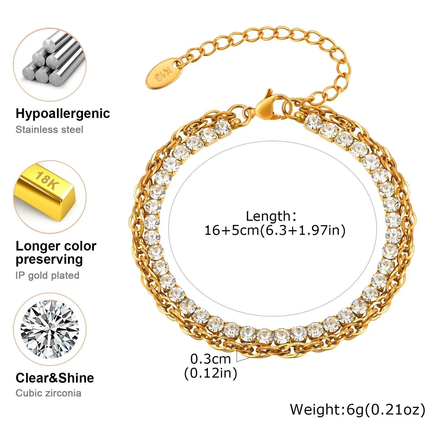 Vnox Edelstahl Zirkonia Kette Armband Für Frauen Doppel Schicht Twist Kette Charm Armband Luxus Schmuck Mädchen Geschenke