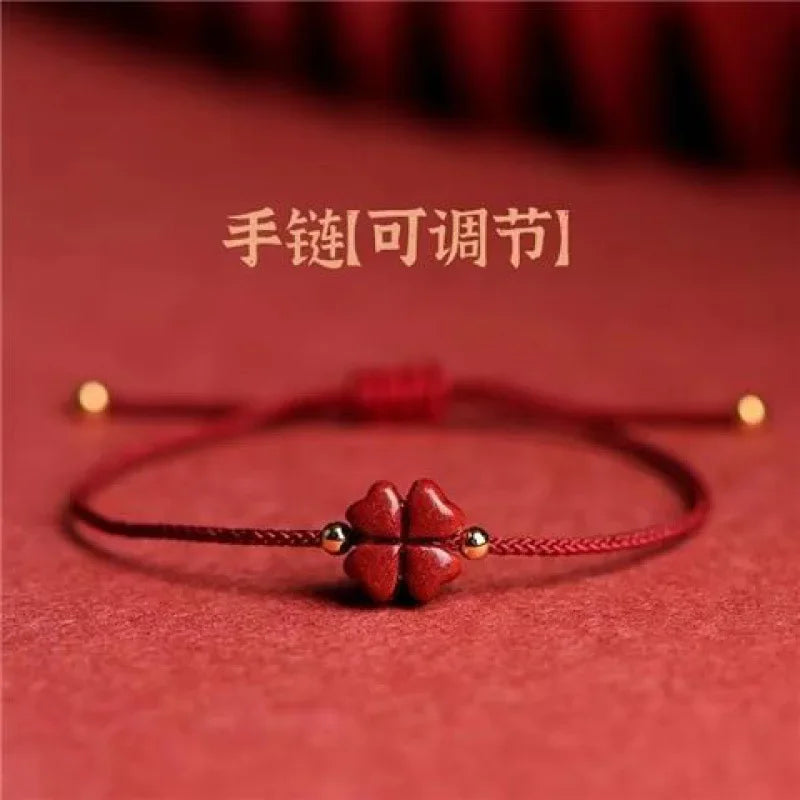 Natürlicher lila Zinnober-Glücksklee, handgefertigt, rotes Seil, Glücksarmreif, Damen- und Herren-Glücks-Fußkettchen, Armband, Größe verstellbar, • Mohamedпо