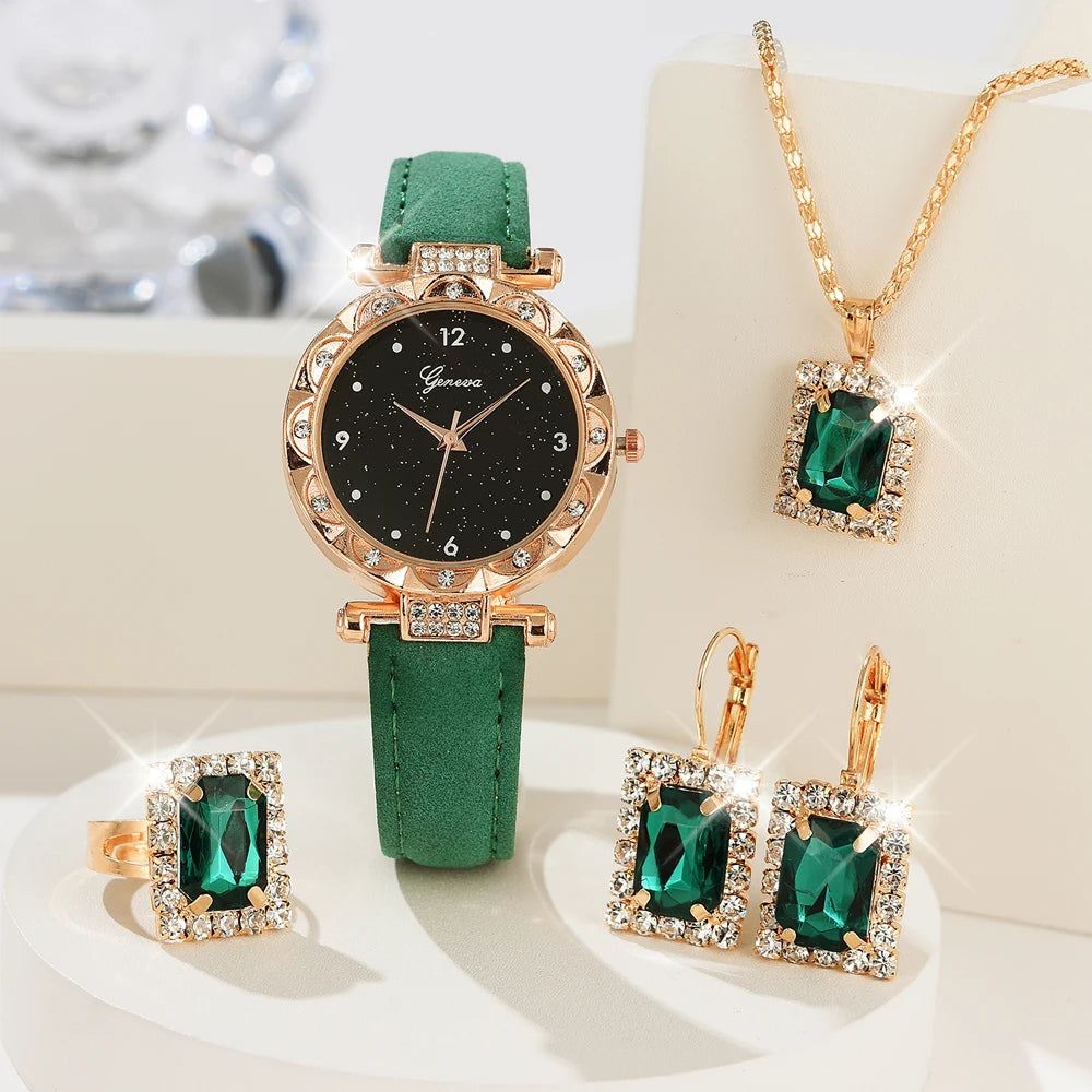 Damenuhren 5-teiliges Set Luxus Strass Damenmode Elegante Armbanduhr Quarzuhr für Mädchen Armbanduhr Armband Geschenk
