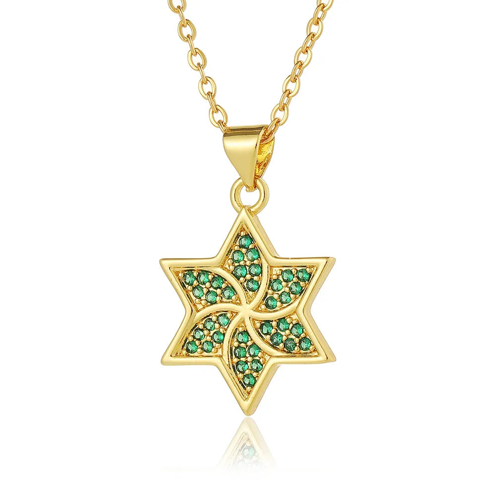 Kubischer Zirkonia-Kristall, jüdischer Davidstern, Anhänger, Kette, Halskette für Damen, vergoldetes Messing, CZ-Steine, Salomosiegel, Schmuck