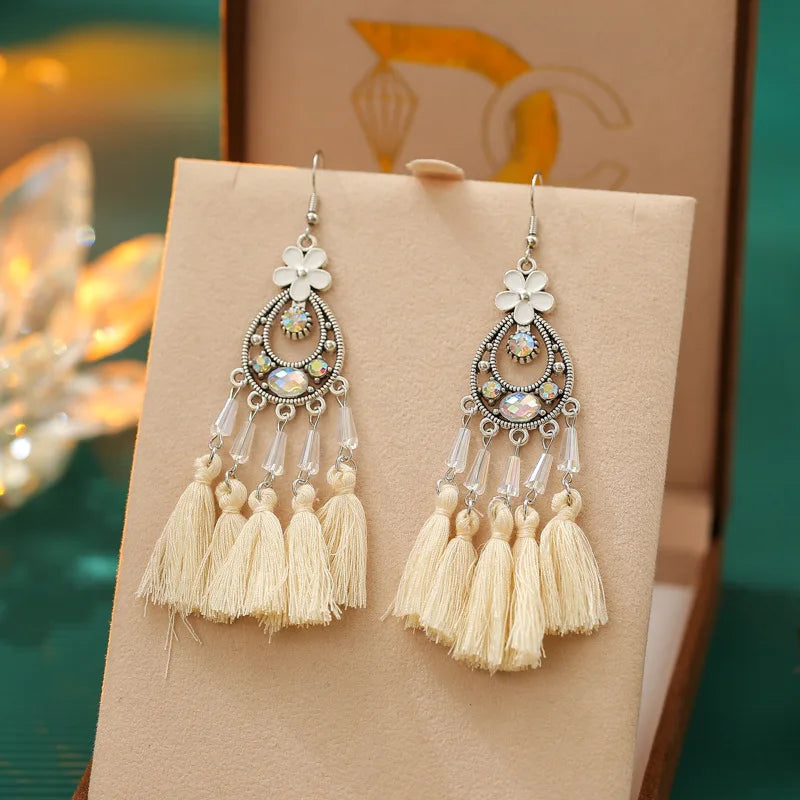 Böhmische Mode Emaille Blume geometrische Quaste lange Ohrringe für Frauen Kristall Strass handgemachte Boho Hochzeits schmuck Geschenk