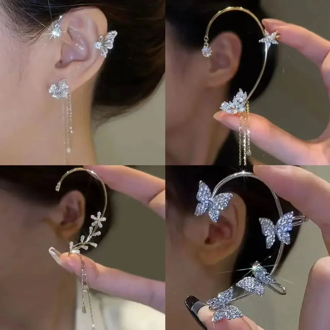Glänzende Zirkon Schmetterling Ohr Manschette Gold Farbe Quaste Clip auf Ohrringe für Frauen Kupfer Ohrring Ohne Piercing Schmuck Ohr Schleife