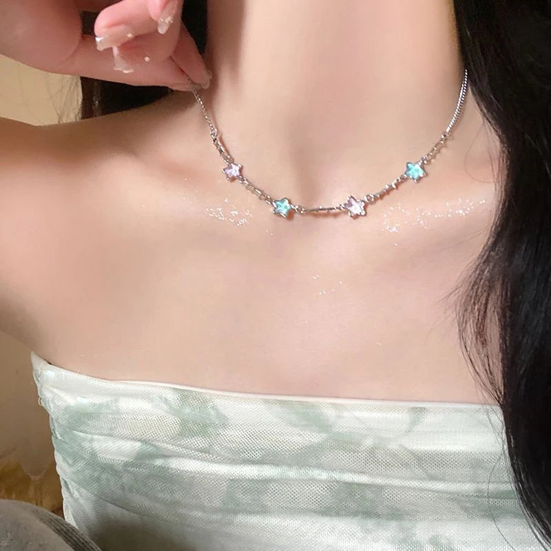 Mode Bunte Zirkon Stern Halskette Ohrringe für Frauen Süße Kühle Pentagramm Colliers Schlüsselbein Kette Ohrringe Y2K Schmuck Sets