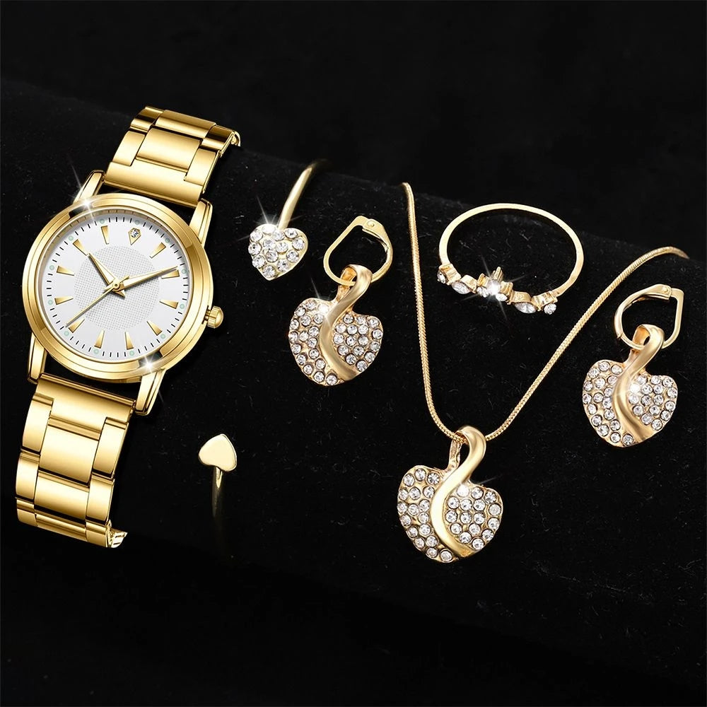 Damen Quarzuhr Gold Luxus Damen Ring Halskette Ohrring Strass Mode Armbanduhr Casual Damen Uhren Schmuckset