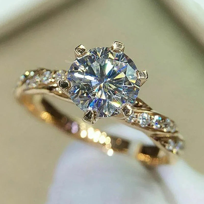 Huitan Klassische 6-Klauen-Zirkonia-Ringe für Frauen, luxuriös, goldfarben, Hochzeit, Verlobung, Bands, Ewigkeit, Dame, Schmuck, Großhandel