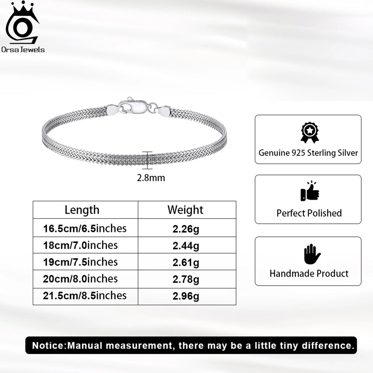 ORSA JEWELS Vintage 2,8 mm flaches Mesh-Kettenarmband S925 Silber Mehrere Größenauswahl Unisex-Stil Zubehör für Hand SB216