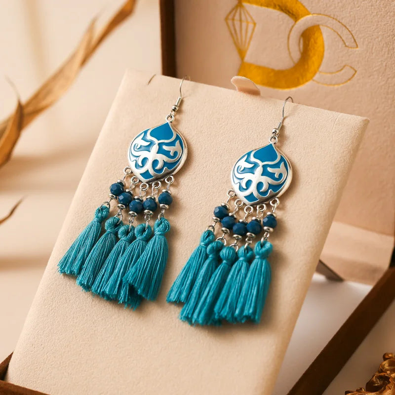 Vintage Ethnische Bunte Quaste Ohrringe für Frauen Elegante Pfirsich Herz Kristall Legierung Ohrring Party Hochzeit Täglichen Schmuck