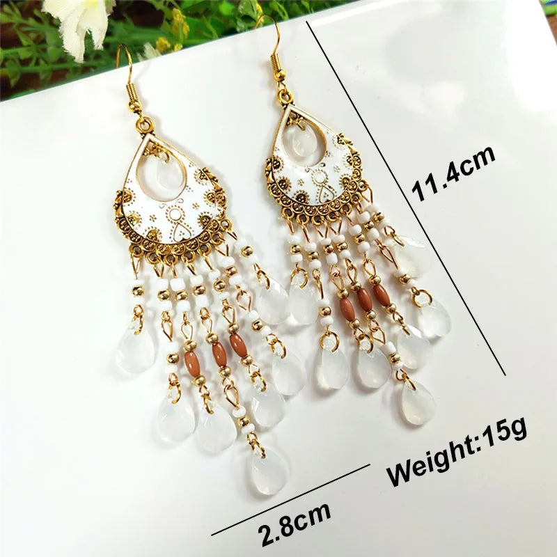 Böhmische lange Acryl-Wassertropfen-Quasten-Ohrringe für Frauen, ethnische mehrfarbige Perlen, Tropfenöl, handgefertigte baumelnde Ohrringe, Boho-Schmuck