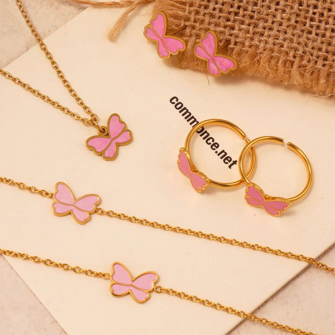 Kinderschmuck, rosa Schleife, Anhänger, gedrehte Kette, Halskette, Ohrringe, Armband, Ring, 5-teilig, Edelstahl, wasserdicht, Geschenk