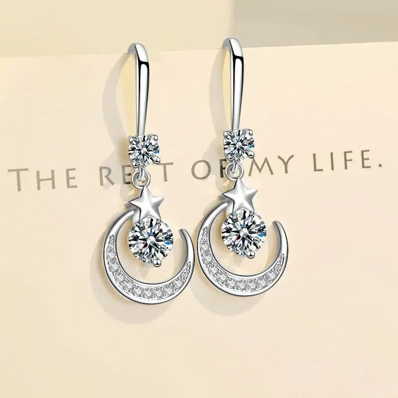 Weibliche Mode Stern Mond Ohrringe 925 Sterling Silber Weißer Saphir Rosa Blau Weiß Künstliche Baumeln Ohrringe
