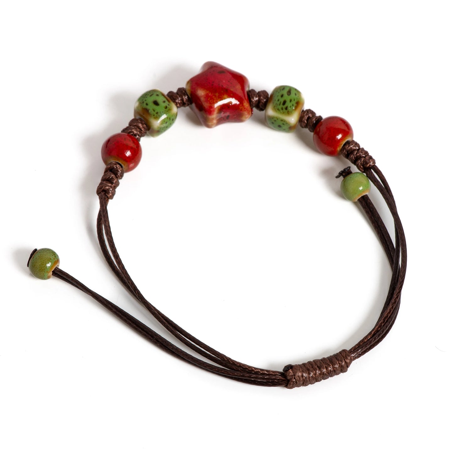 Handgefertigtes glasiertes grünes quadratisches Stern-Keramik-Armband, böhmischer verstellbarer minimalistischer Schmuck S02-028