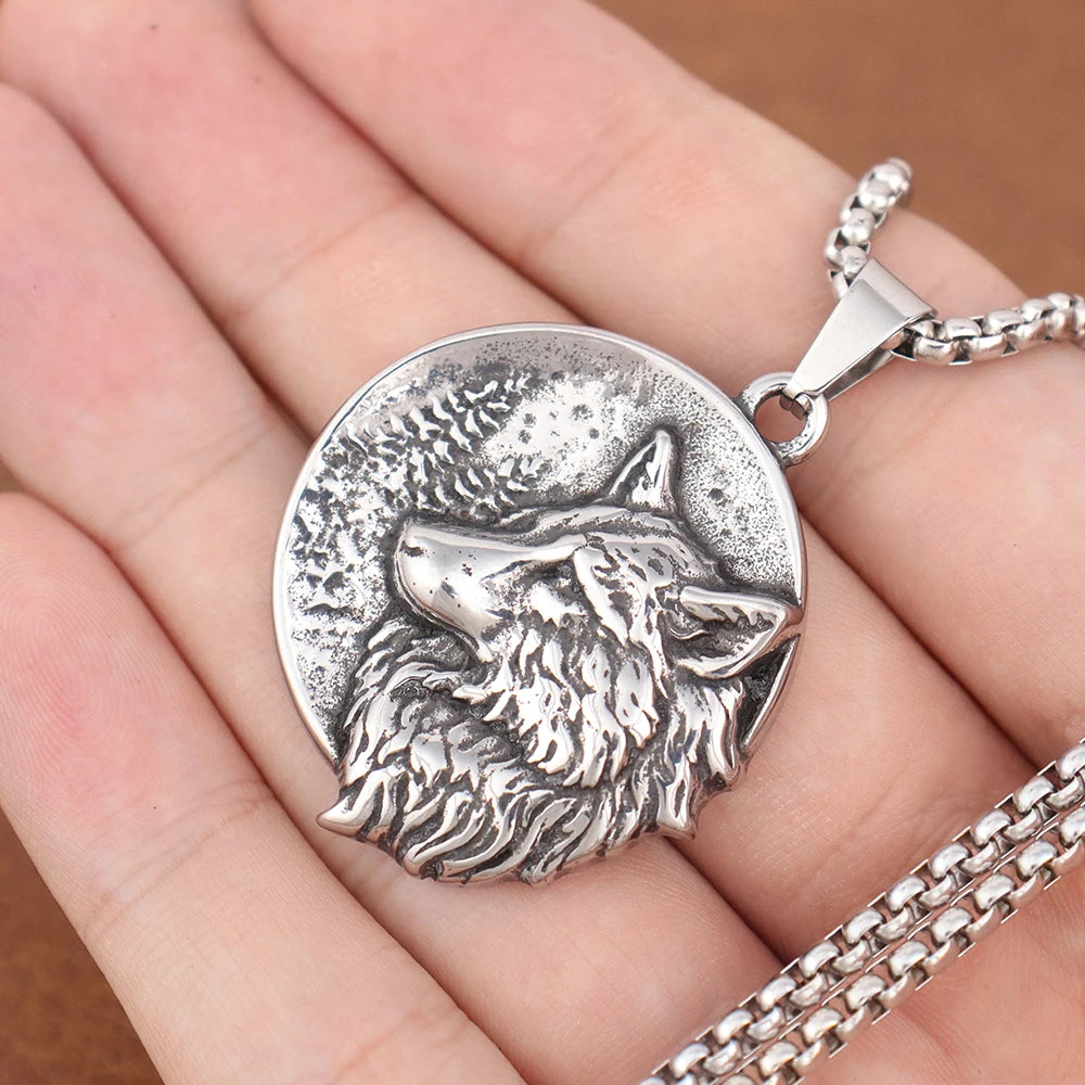 Wolf & Löwe Anhänger Halskette mit nordischen Runen Vintage Stil Wikinger Tribal Kette für Männer, Punk Biker Edelstahl Schmuck Geschenk