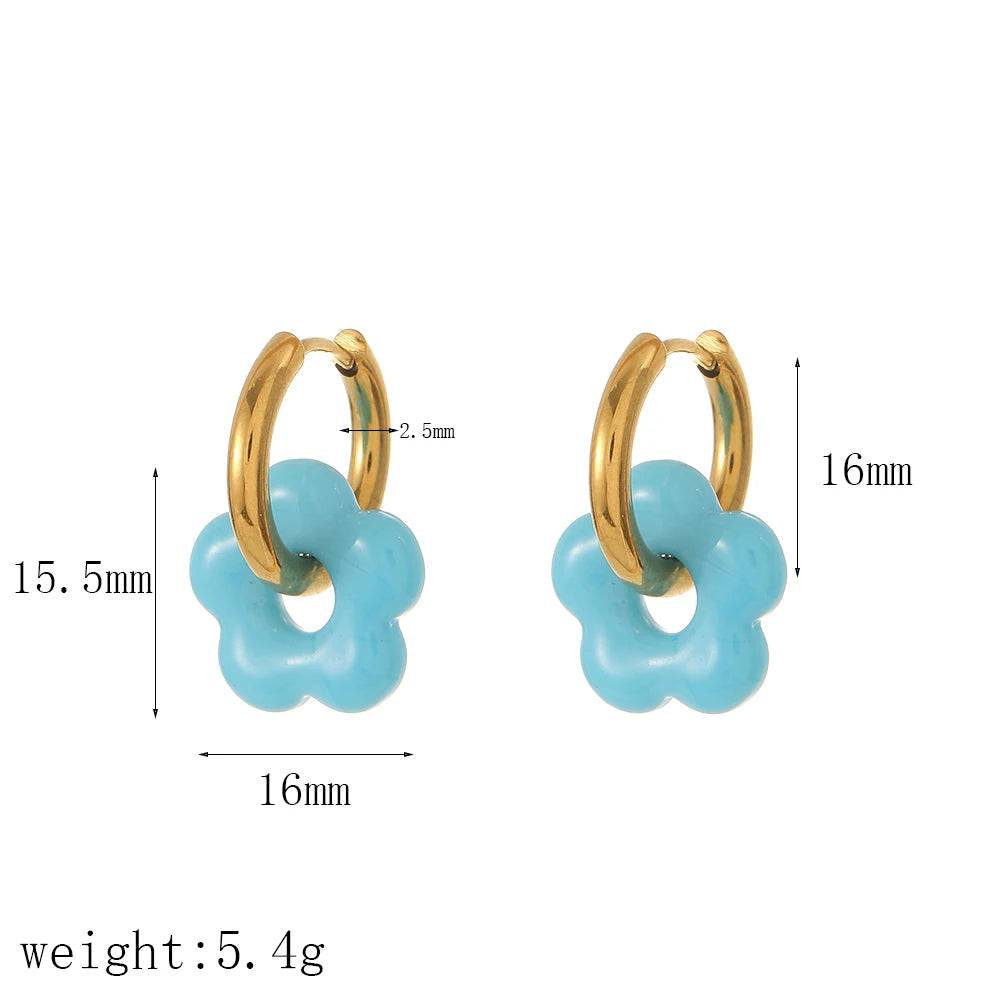Bunte kleine Blume Edelstahl Charms Ohrring 18K vergoldet Kreis Ohr Schnalle Creolen Schmuck für Frauen