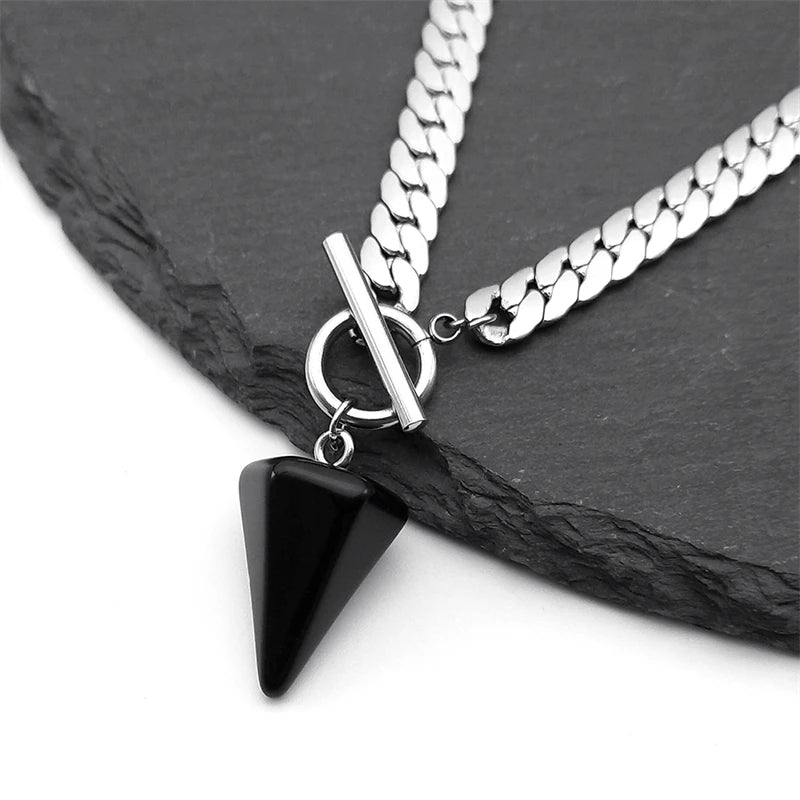 Goth Obsidian Reiki Heilung Pendel für Wahrsagerei Halskette Frauen Edelstahl Kette Kegel Anhänger Halsketten Schmuck NXS03