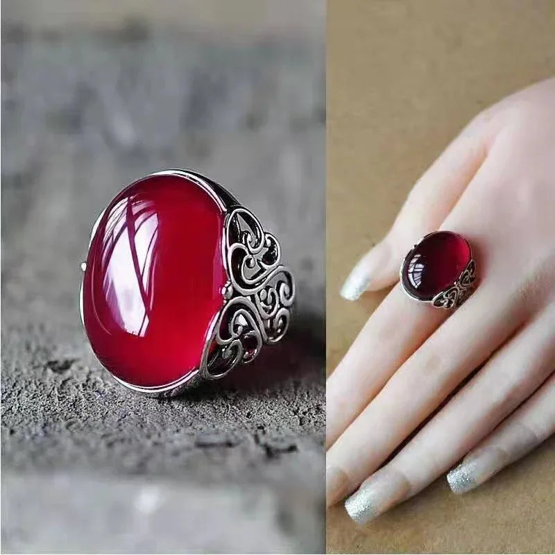 2025 neue Einfache Rote Achat Chalcedon Alte Silber Farbe Offenen Ring Weibliche Krone Strass Ring Hohl Einstellbare Ringe Geschenke