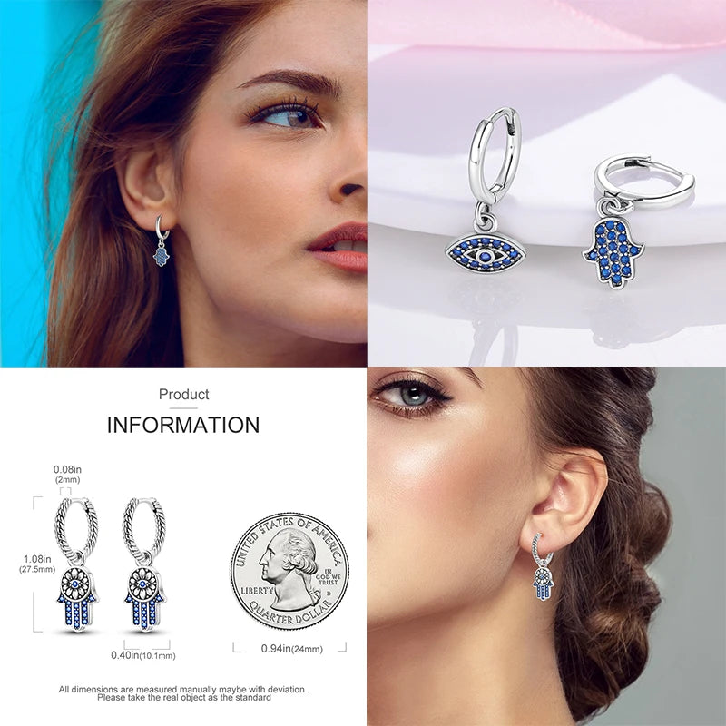 Original 925 Sterling Silber Hand von Fatima Blue Eye of Evil Creolen Kreuz Eardrop Ohrringe für Frauen Geschenk