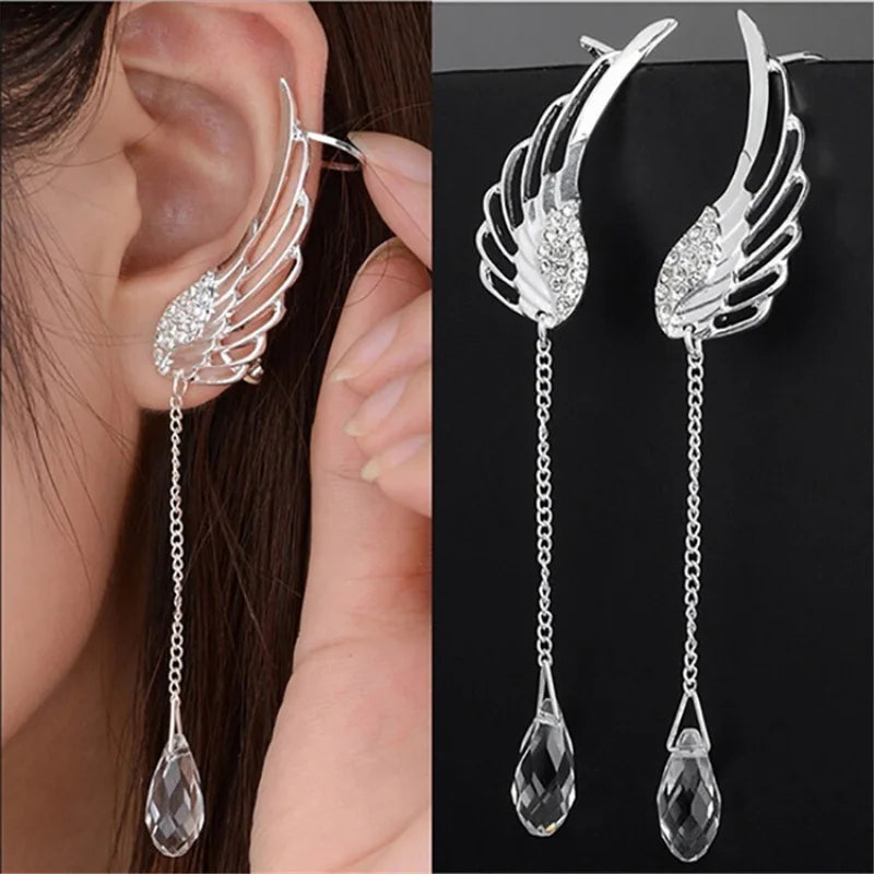 Engelsflügel-Kristall-Ohrringe, versilbert, baumelnde Ohrstecker für Frauen, lange Manschettenohrringe, Böhmen-Quasten-Ohrschmuck