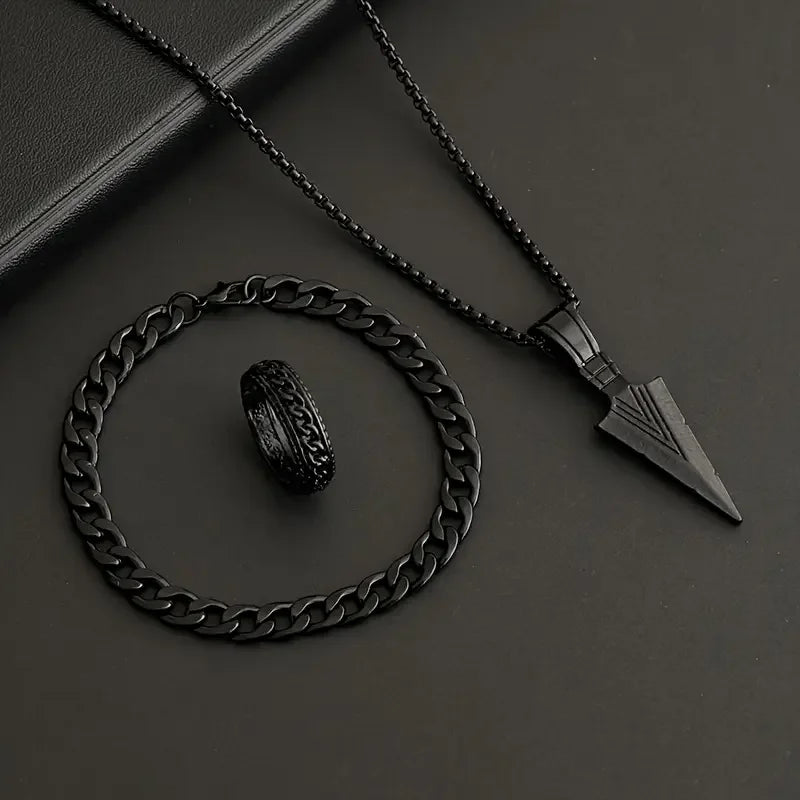 3-teiliges Set Pfeil-Schmuckset, Punk-Hip-Hop-Kette, Armband, Ring, Halskette für Damen und Herren, cooler Stil, Party-Schmuck, Geschenke