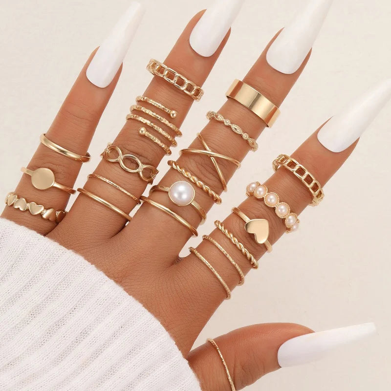 58 Teile/satz Gold Farbe Ringe Set Für Frauen Männer Vintage Hohl Schmetterling Perle Herz Kristall Geometrische Ringe Trendy Finger Schmuck